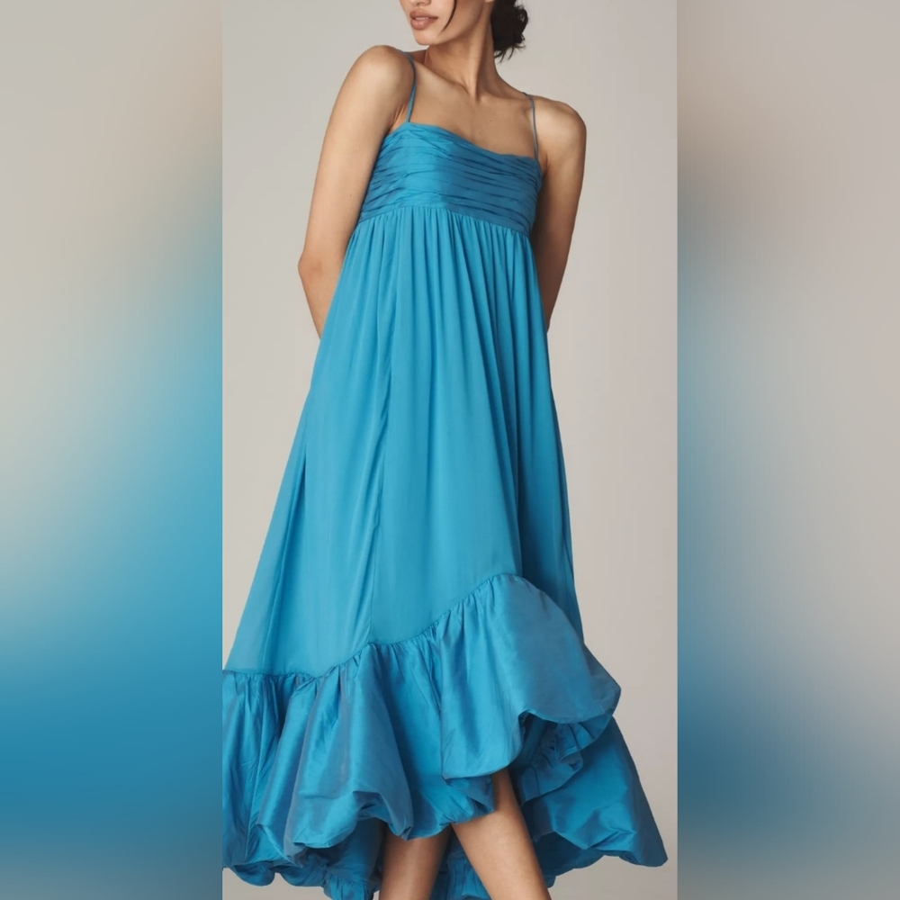 Anthropologie Blue Sweetheart Babydoll Ruffled Hem Maxi Dress - Picture 3 of 9